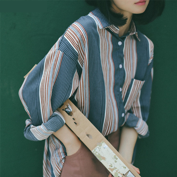 Striped Patchwork Loose Long Sleeve Shirt