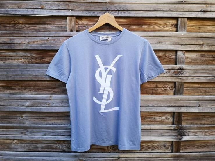 Ysl Saint Laurent Logo Gray Blue Coton Shirt