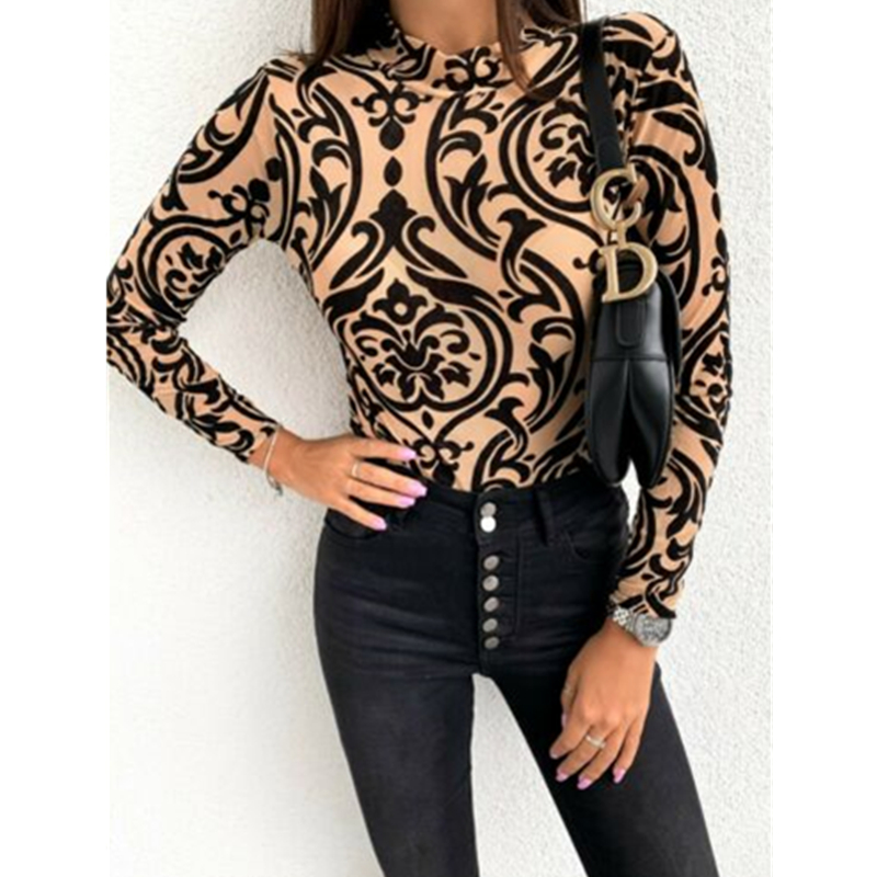 Spring Autumn Fashion Tee Women Leopard Print Long Sleeve Slim Fit Tunic Comfy T-Shirt Casual High Neck Party Mesh Clubwear alx