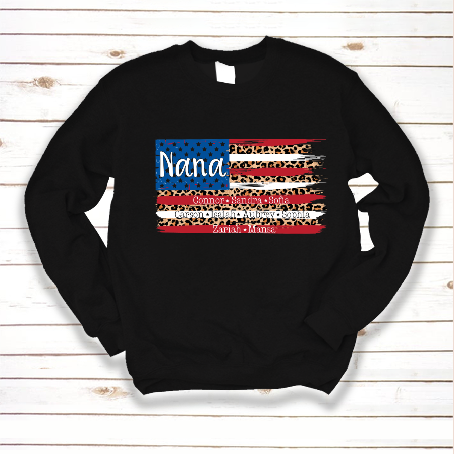 American Flag Nana With Grandkids Leopard Sweatshirt