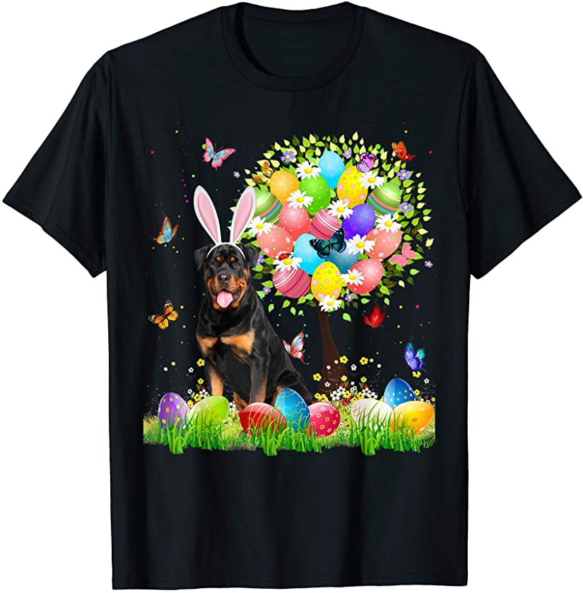 Cute Bunny Rottweiler Easter Eggs Tree Easter Easter Day T-Shirt