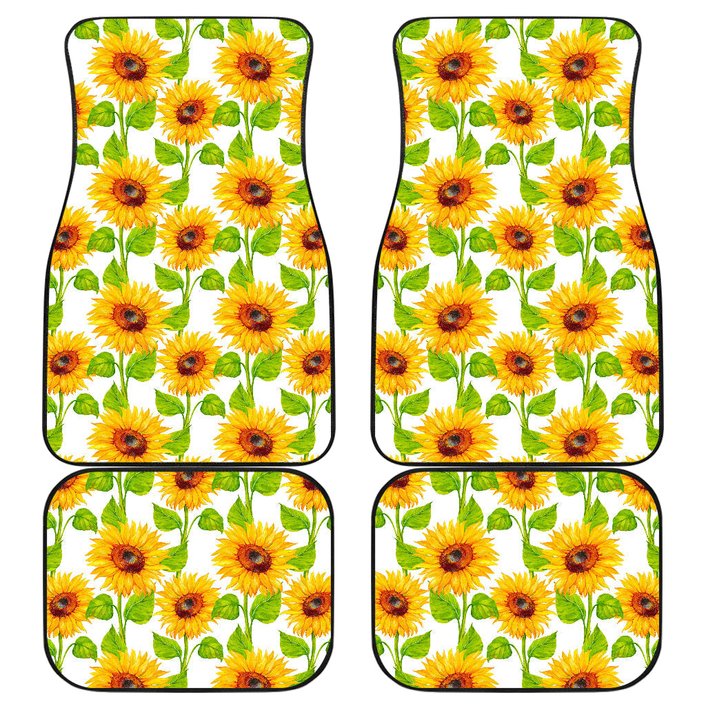 White Watercolor Sunflower Pattern Print Front And Back Car Floor Mats, Front Car Mat