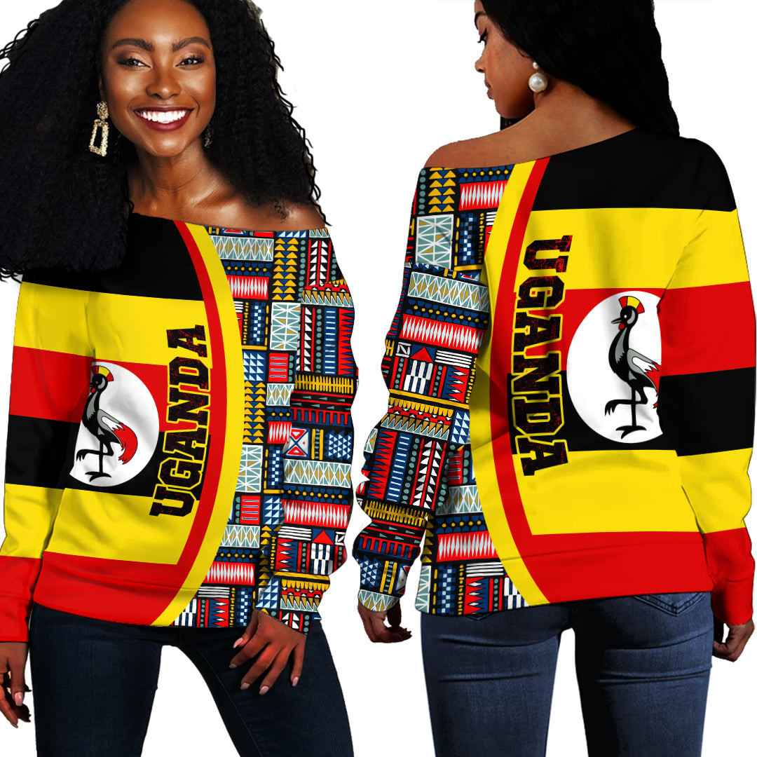 Africazone Clothing – Uganda Flag And Kente Pattern Special Women’S Off Shoulder Sweaters A35