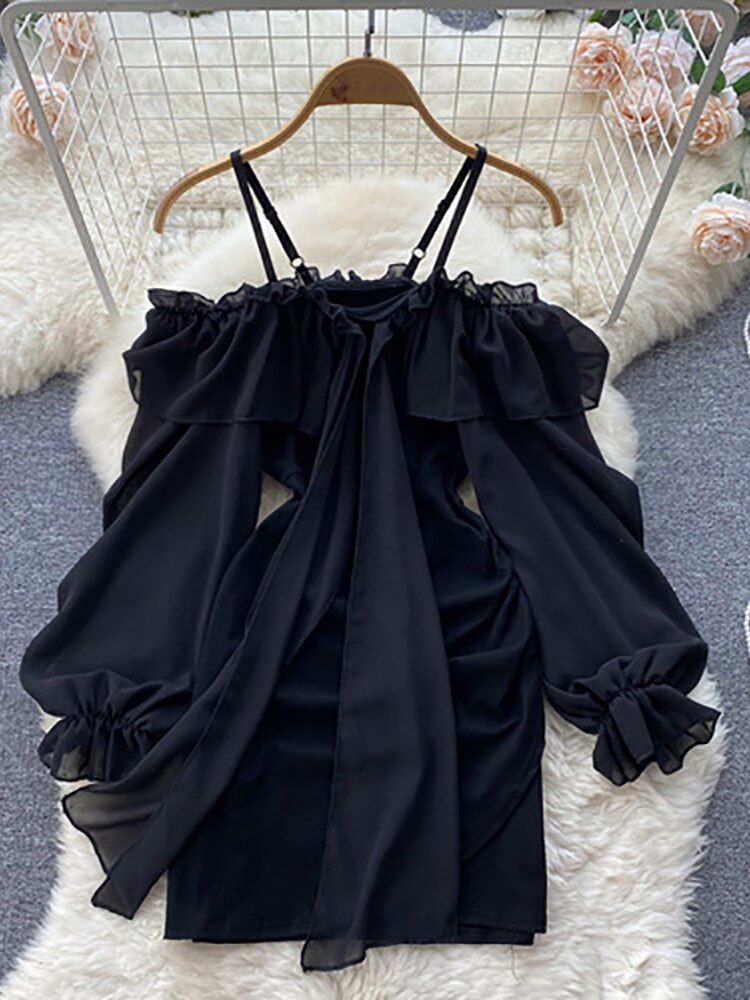 Autumn Black/White Spaghetti Strap Chiffon Mini Dress Sexy Slash Neck Off Shoulder High Waist Bodycon Vestidos Female New Robe alx