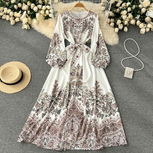 Aibeautyer New Vintage Spring Autumn Floral Print Slim Lady Full Dress Line O Neck Chiffon Pullover Mid-Calf Women Dresses alx