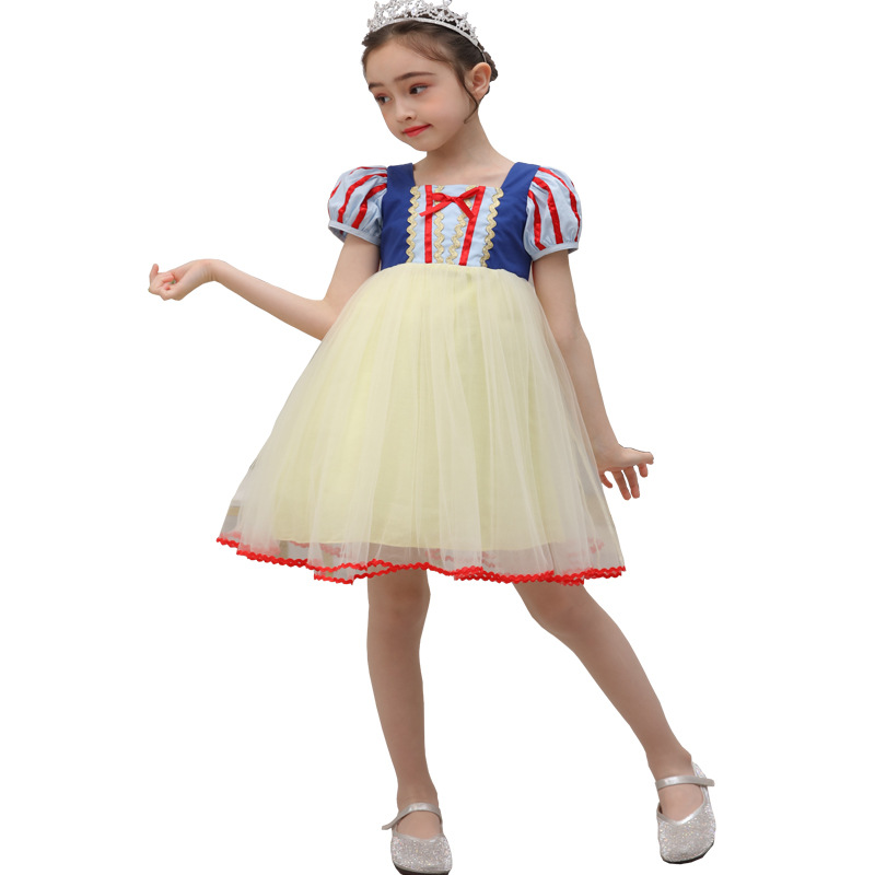 Summer Elegant Dress Snow White Cotton Mesh Short Sleeve 3-8 Years Old Girl Princess Dress alx