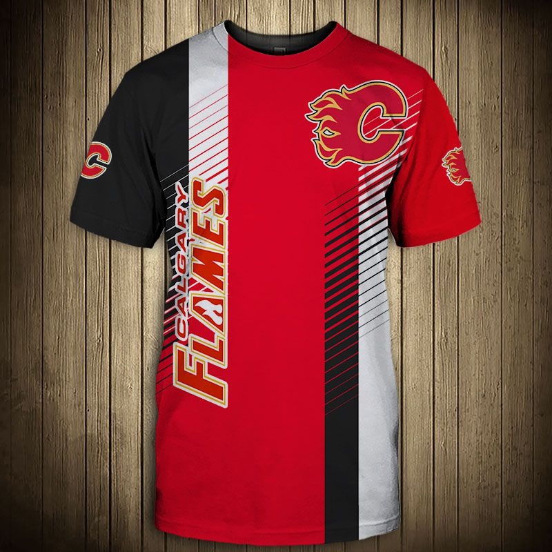 Calgary Flames T Shirts Striped Short Sleeve