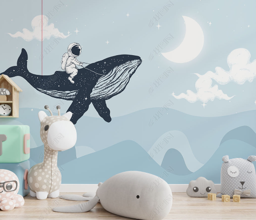 3D Hand-Painted Sky Whale Astronaut Wall Mural Wallpaper Sww4768