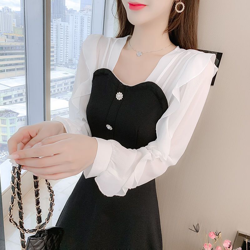 Vintage Solid Black Splicing Dress Square Neck Ruffle Long Sleeve Party High Waist Slim Vestidos Korean Elegant Dresses Women alx