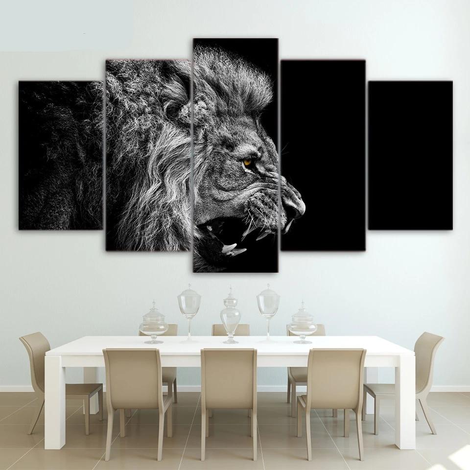 5-Piece Black & White Side Facing Lion Canvas Wall Art