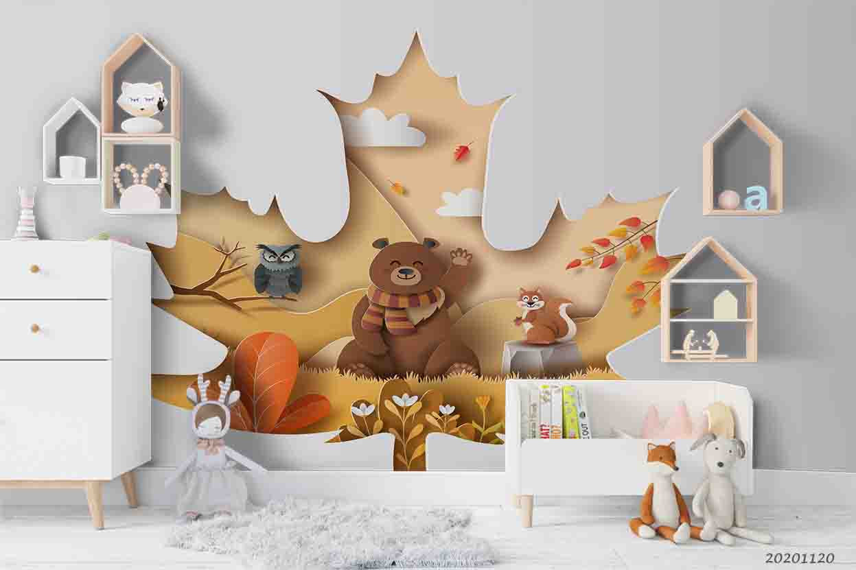 3D Animal Bear Maple Leaf Wall Mural Wallpaper Lqh 286