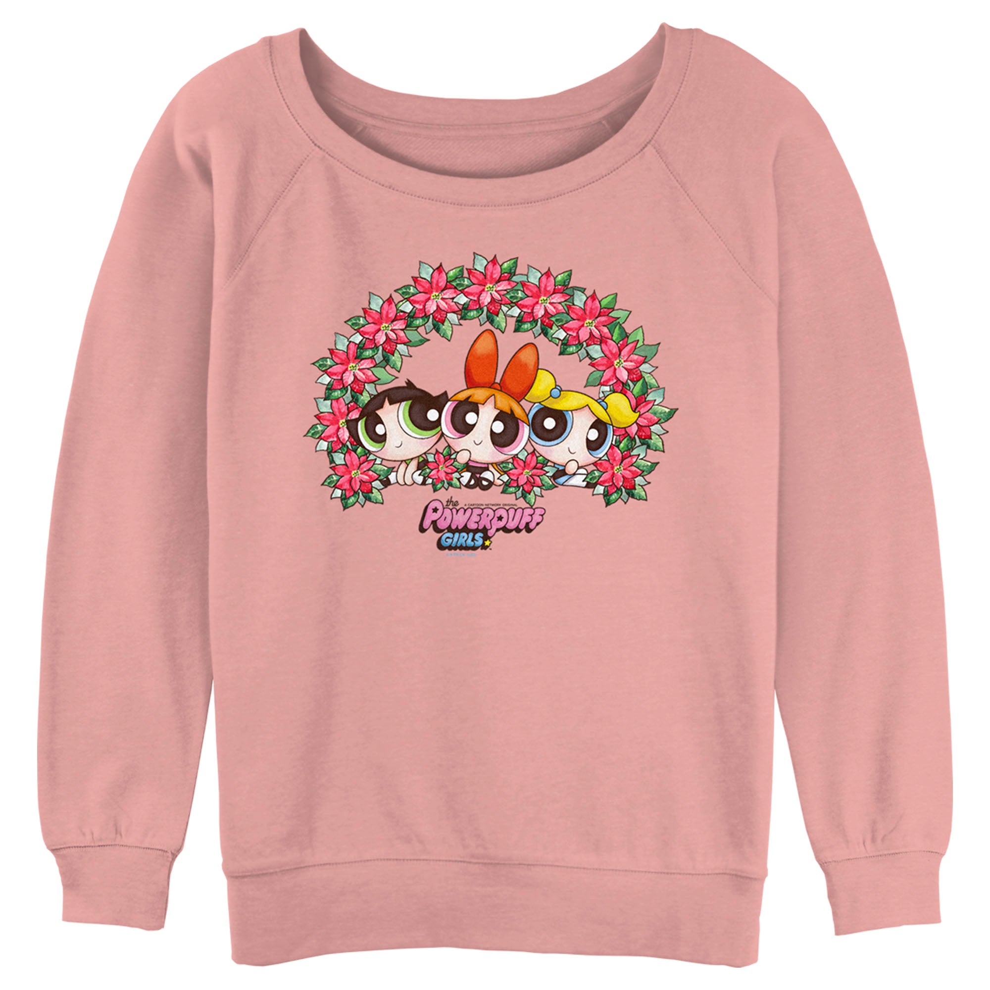 Junior’S The Powerpuff Girls Christmas Poinsettia Wreath Sweatshirt