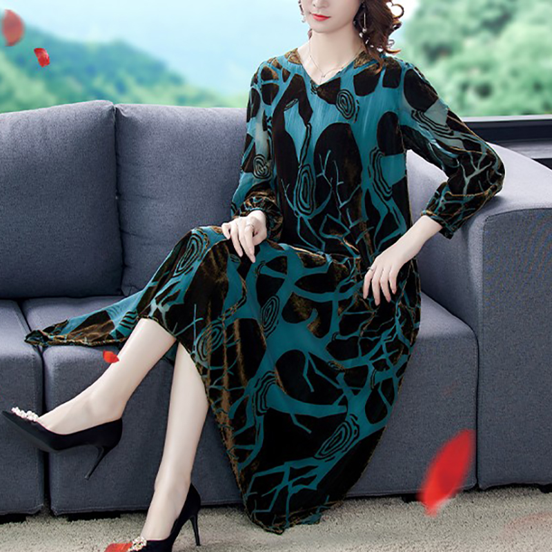 2022 Natural Silk Flocking Warm Midi Dress Women Korean Vintage Casual Velvet Dresses Autumn Winter Elegant Bodycon Office Robe alx