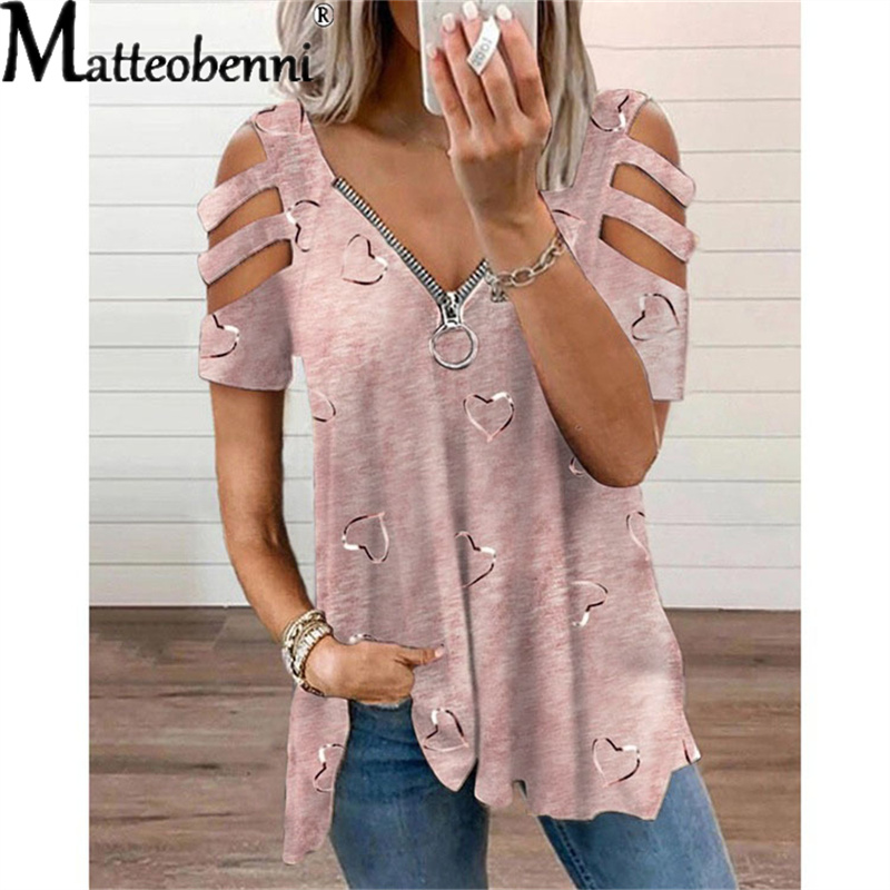 Women’s 2021 Summer Fashion Love Heart Print V-Neck Zipper T-Shirt Hollow Pullover Casual Loose Oversize Ladies Tops Tee Shirt alx