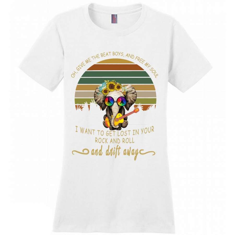 Oh, Give Me The Beat Boys, And Free My Soul I Want To Get Lost In Your Rock And Roll And Drift Away, Peace Sign, Elephant Classic Floral Design – District Made Women Shirt