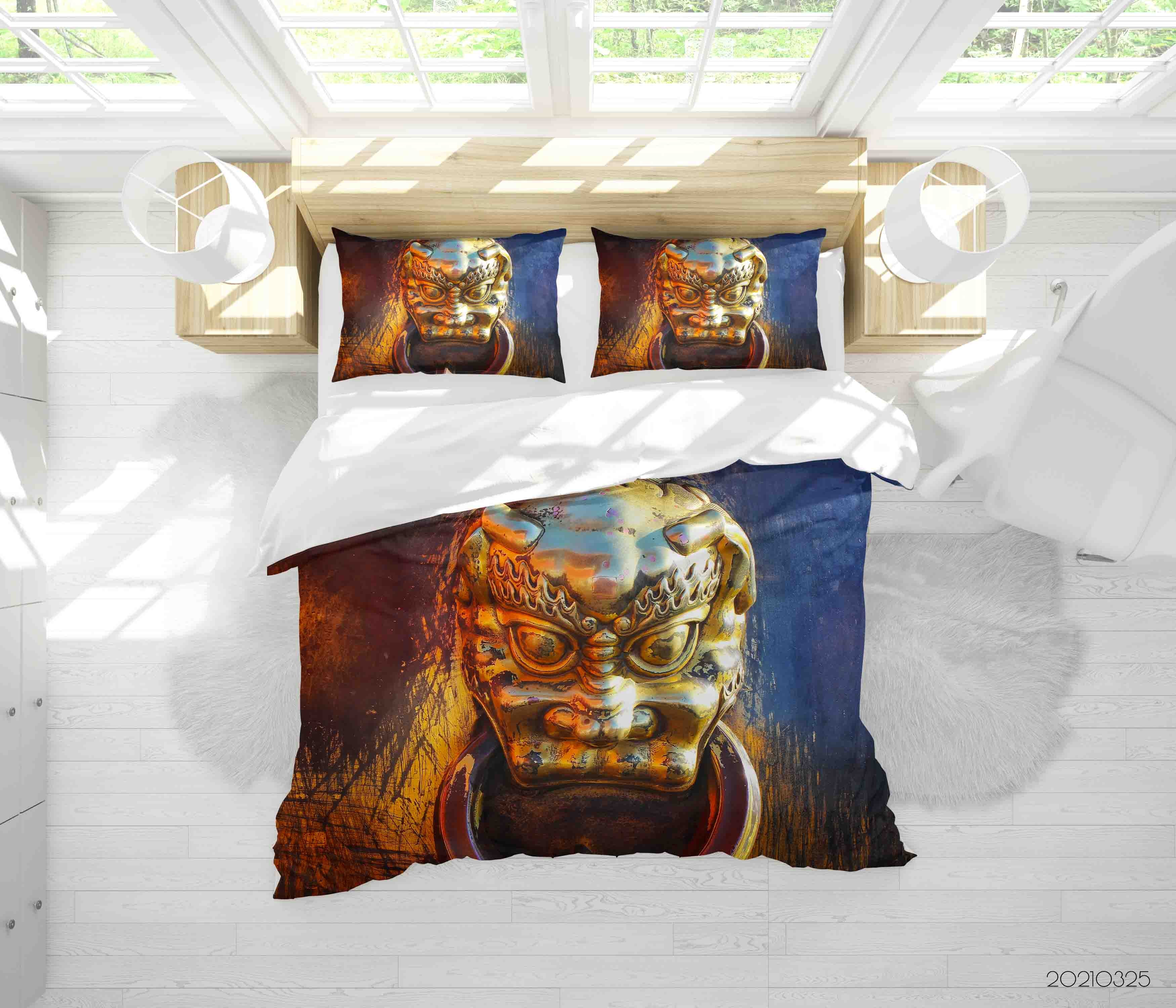 3D Golden Lion Statue Quilt Cover Set Bedding Set Duvet Cover Pillowcases 270