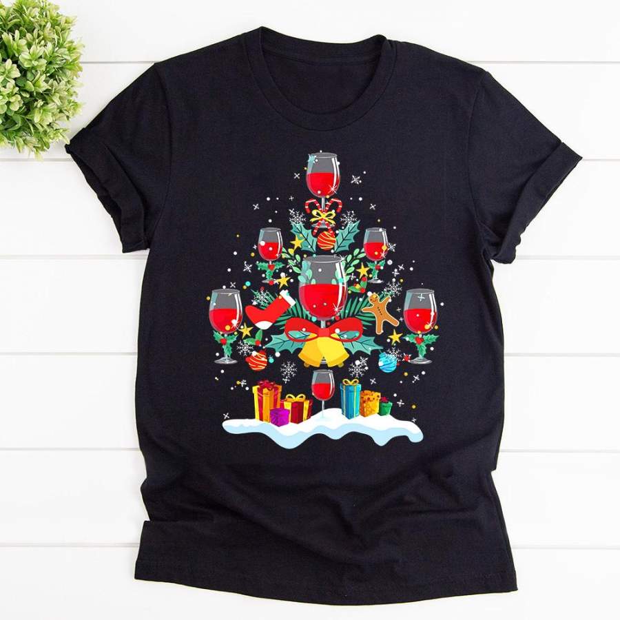 Christmas wine wine tree ornamet gifts candy cane black cotton t shirt for men and women S-6XL