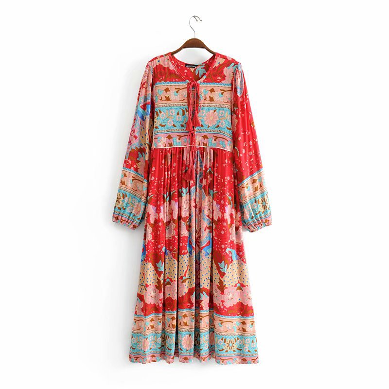 Women Casual 2022 Spring Dress Lady Bohemian Style V-neck Tassel Lace up Floral printed Long Sleeves Maxi Dress Vestido alx