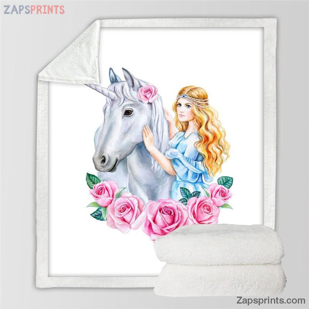 Princess And Unicorn Roses White Blanket