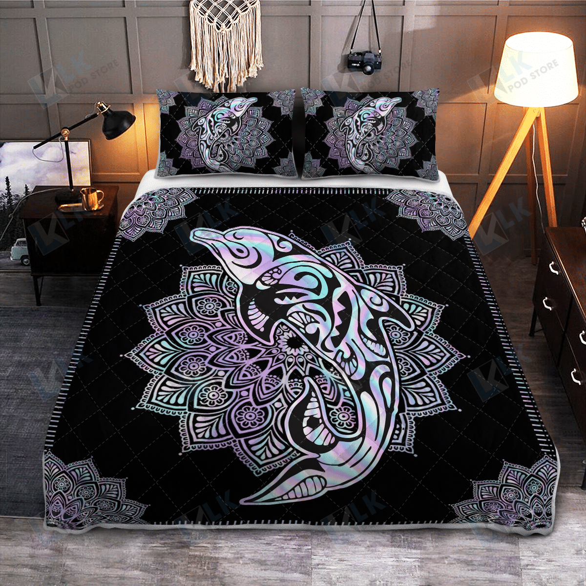 Dolphin Mandala Colorful Quilt Bedding Set, Quilt, 2 Pillow Covers, Comforter, Bed Sheet Set, Dolphin Lover Gift