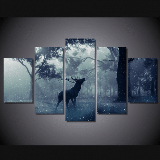 Winter Rain Deer Animal 5 Panel Canvas Art Wall Decor