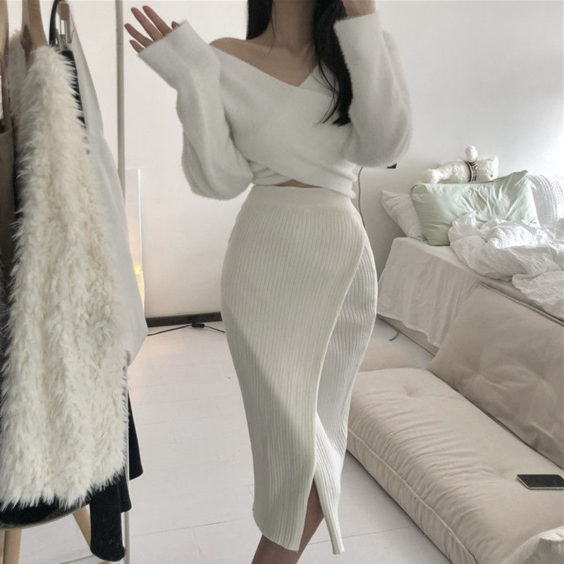 Spring Fall Knitted Suits Women Two Piece Set Sweater Sexy Crop Top + Bodycon Long Skirts Sets Korean Fashion Casual 2 Piece Set alx