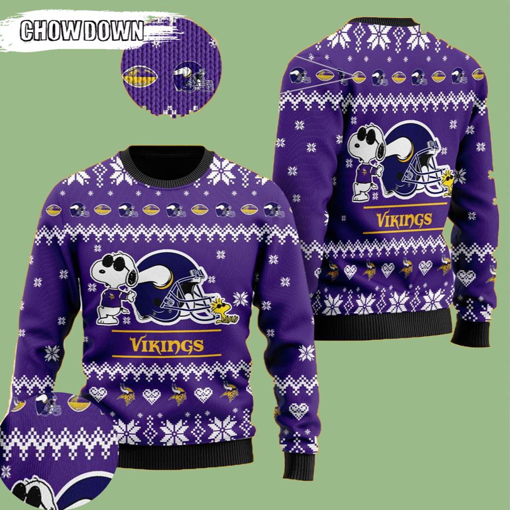 Cute The Snoopy Show Football Helmet 3D Minnesota Vikings Gift For Fan Ugly Wool Sweater Christmas