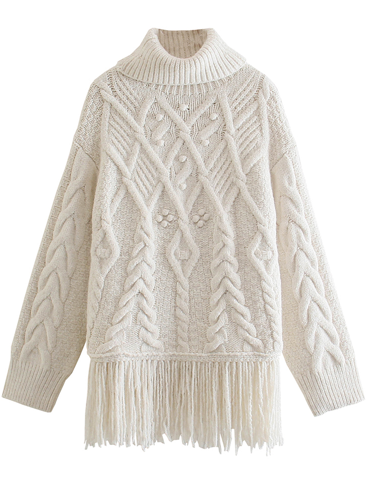 Women 2021 fashion fringed ribbed knit sweater vintage high neck long sleeve female pullover chic tops alx