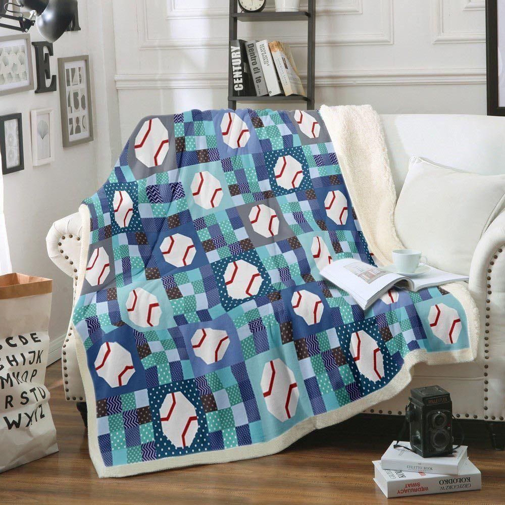 Baseball Sherpa Blue Caro Background Fleece Blanket, Sherpa Blanket, Gift For Wife Gift For Parent, Family Member, Friends Gift, Christmas Gift, Home Decor, Home Living