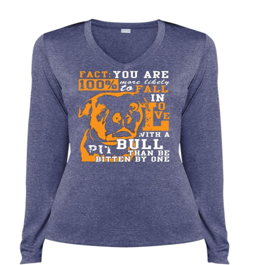 You Are More Likely To Fall T Shirt, In Love With A Pit Bull T Shirt, Cool Shirt (Ladies LS Heather V-Neck)