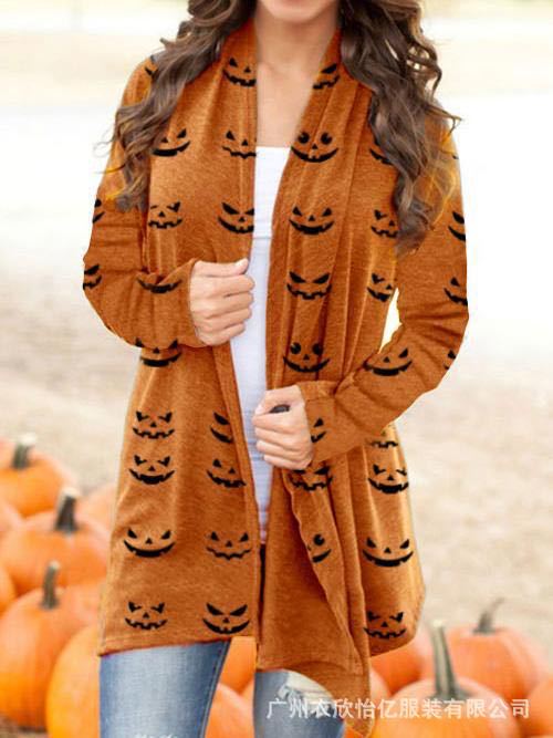 Women Halloween Cardigan Fashionable Pumpkin Animal Cat Printing Jacket Long Sleeve Coat Female Autumn Winter Clothes alx