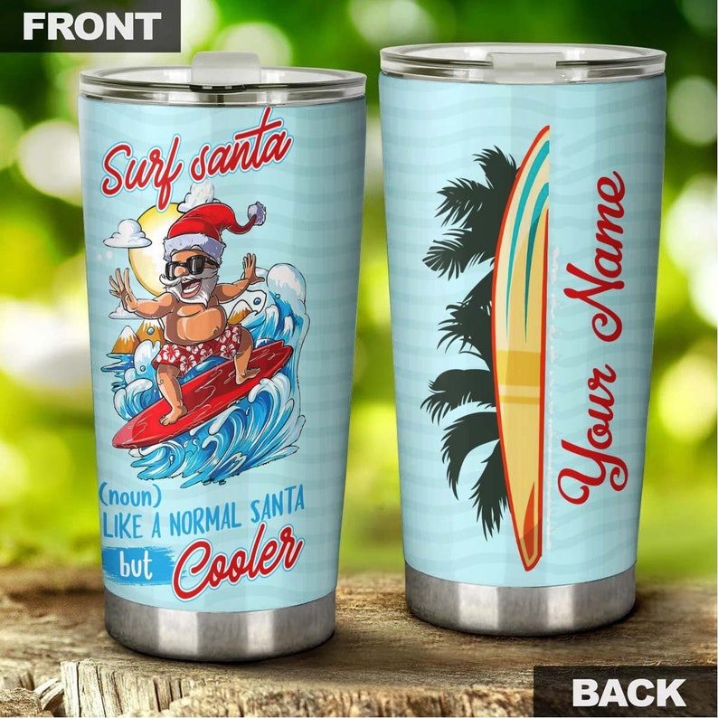 Funny Surfing Santa Personalized Tumbler-Christmas Tumbler-Fancy Christmas Gift For Family For Her For Him- Gift For Kids