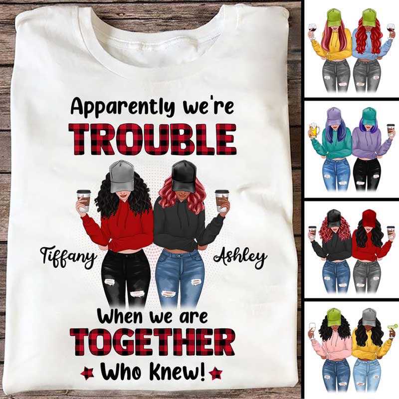 We’Re Trouble Front View Red Plaid Gift For Besties Sisters Siblings Personalized Shirt