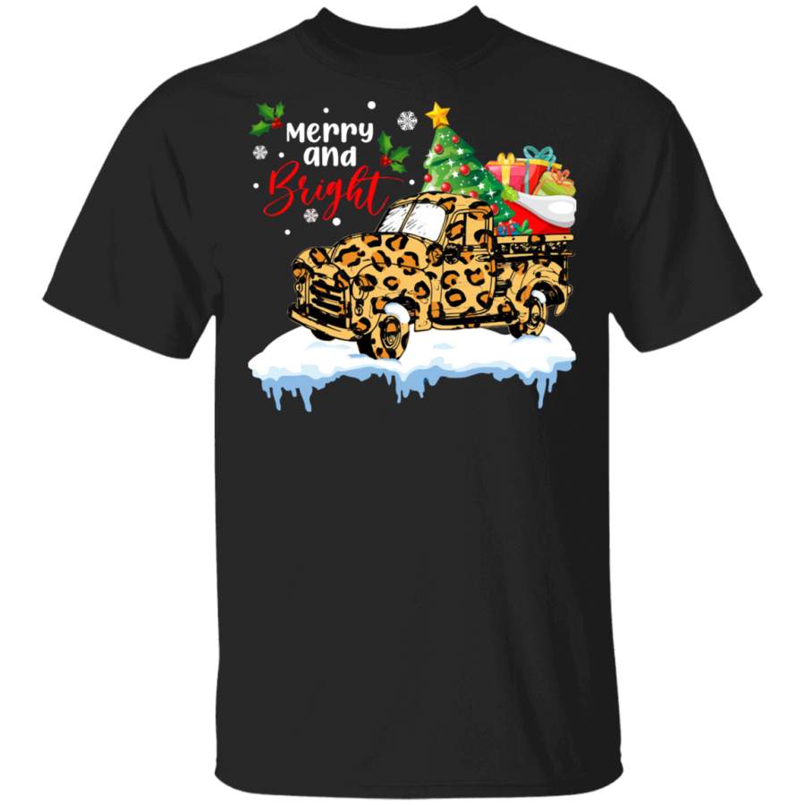 Christmas Leopard Plaid Truck Merry And Bright Funny Tree On Truck Xmas Leopard T-Shirt