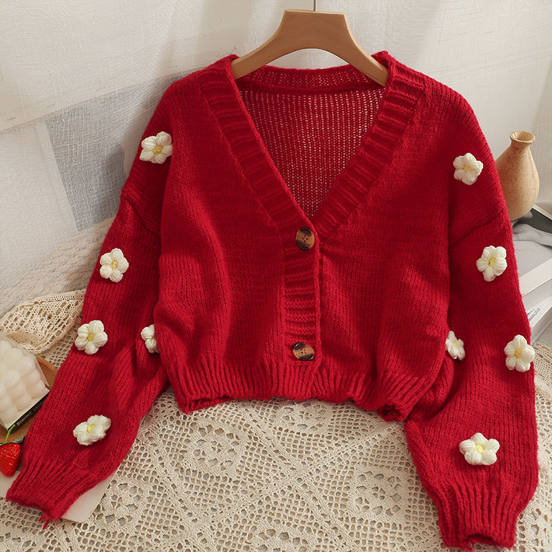 Cropped Cardigan 3D Flower V-neck Kawaii Retro Design All-match Mujer Sweater Tender Girlish Aesthetic Fall New Arrival Ulzzang alx