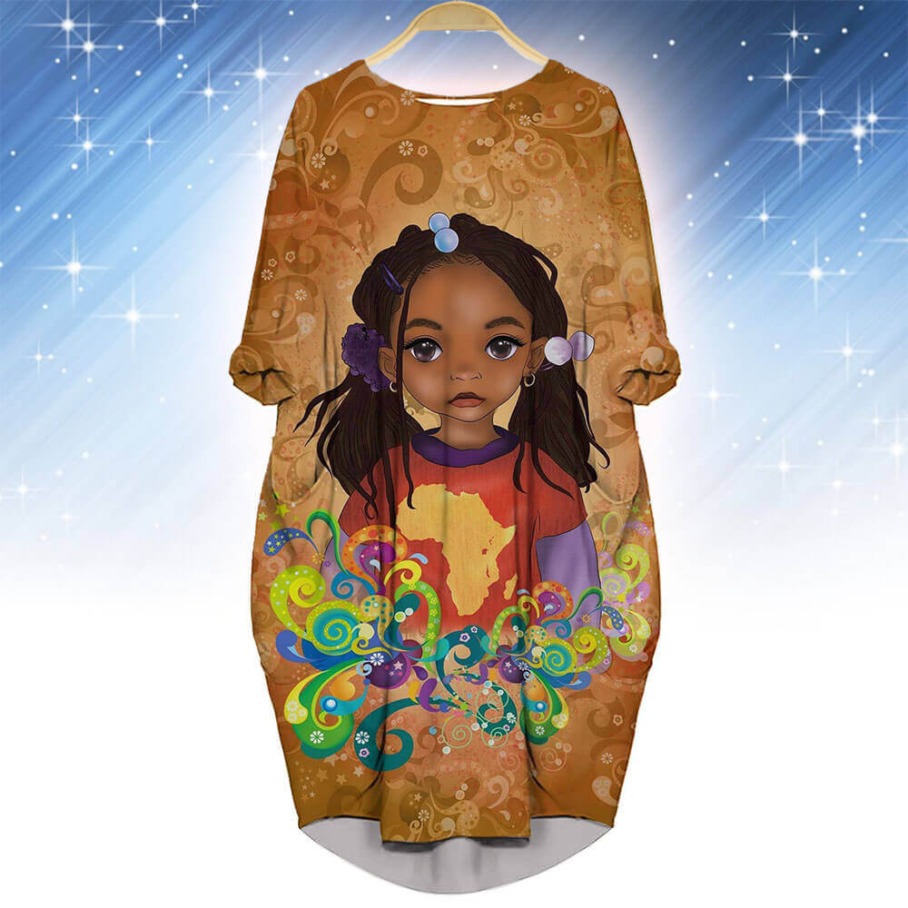 African Dresses Cute Afro American Woman Long Sleeve Pocket Dress Afrocentric Clothing WBG20112