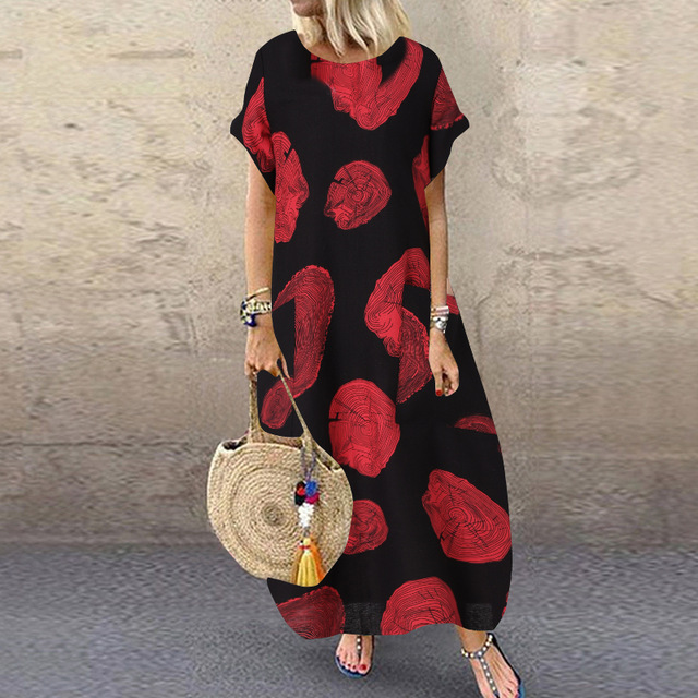 Vintage Printed Maxi Dress Women’s Summer Sundress New Style Casual Short Sleeve Vestidos Female O Neck Robe Plus Size 5XL alx