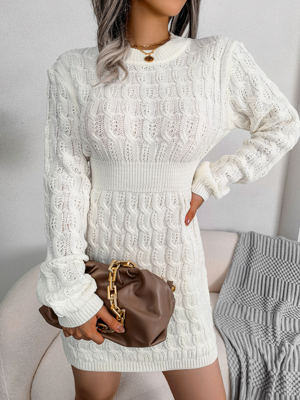 YEMOGGY Casual Twist Knit Bottoming Sweater Dress for Autumn Women Dresses 2022 New Solid Waist Long Sleeve Pack Hip Mini Dress alx