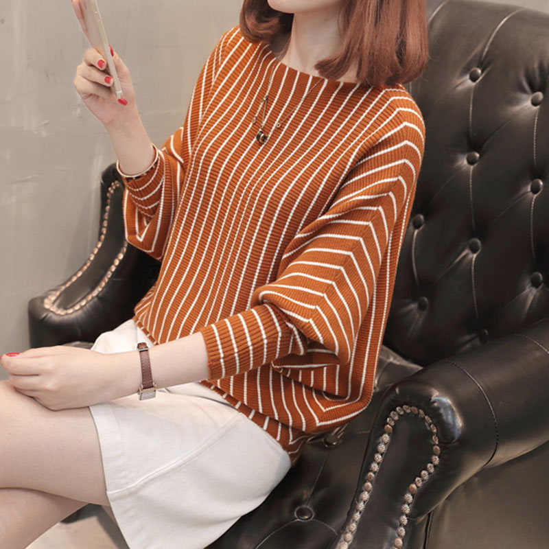 2021 Autumn Sweater Women Pullover Knitted Striped Batwing Fashion Loose Pullovers Knitwear Black Ladies Fall Sweaters Ladies alx