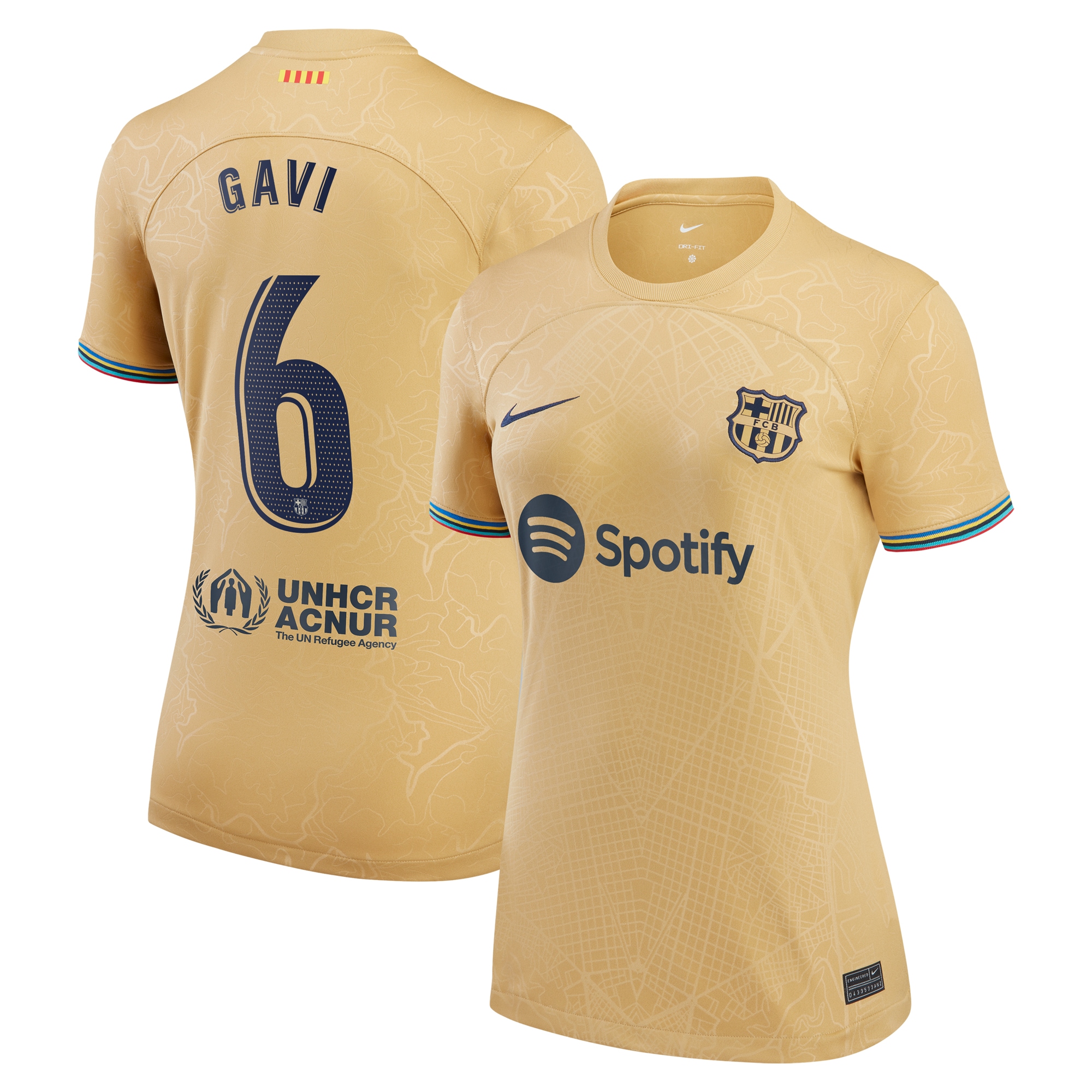 Gavi Barcelona Women's 2022/23 Away Breathe Stadium Replica Player Jersey – Gold