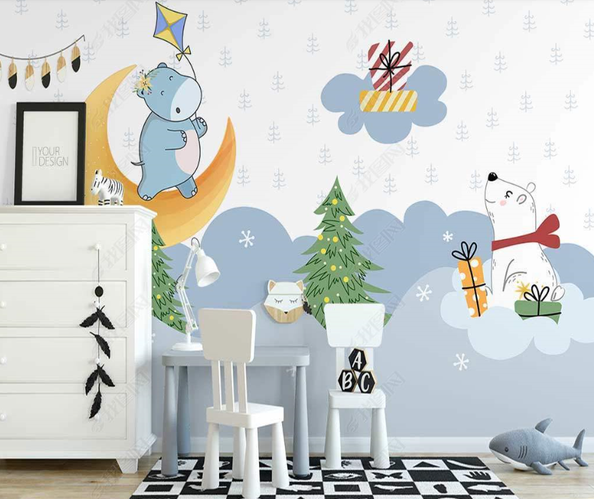 3D Cartoon Cloud Animal Bear Moon Wall Mural Wallpaper Lqh 150