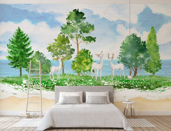 3D Watercolor Green Forest Animal Elk Wall Mural Wallpaper Lqh 243