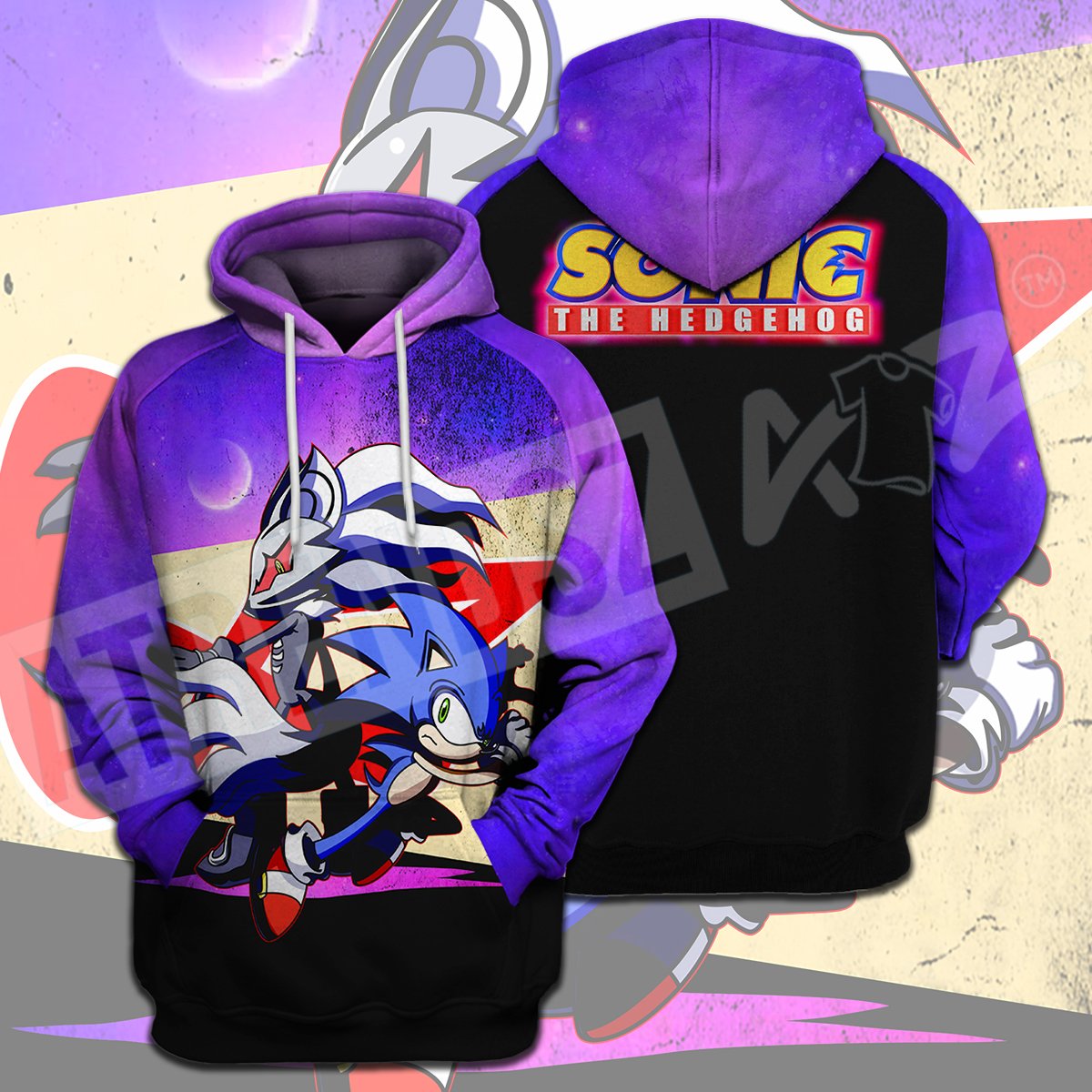 Sonic The Hedgehog T-Shirt Sonic And Mephiles The Dark Sonic The Hedgehog Logo Black Purple T-Shirt Hoodie Adult Full Print