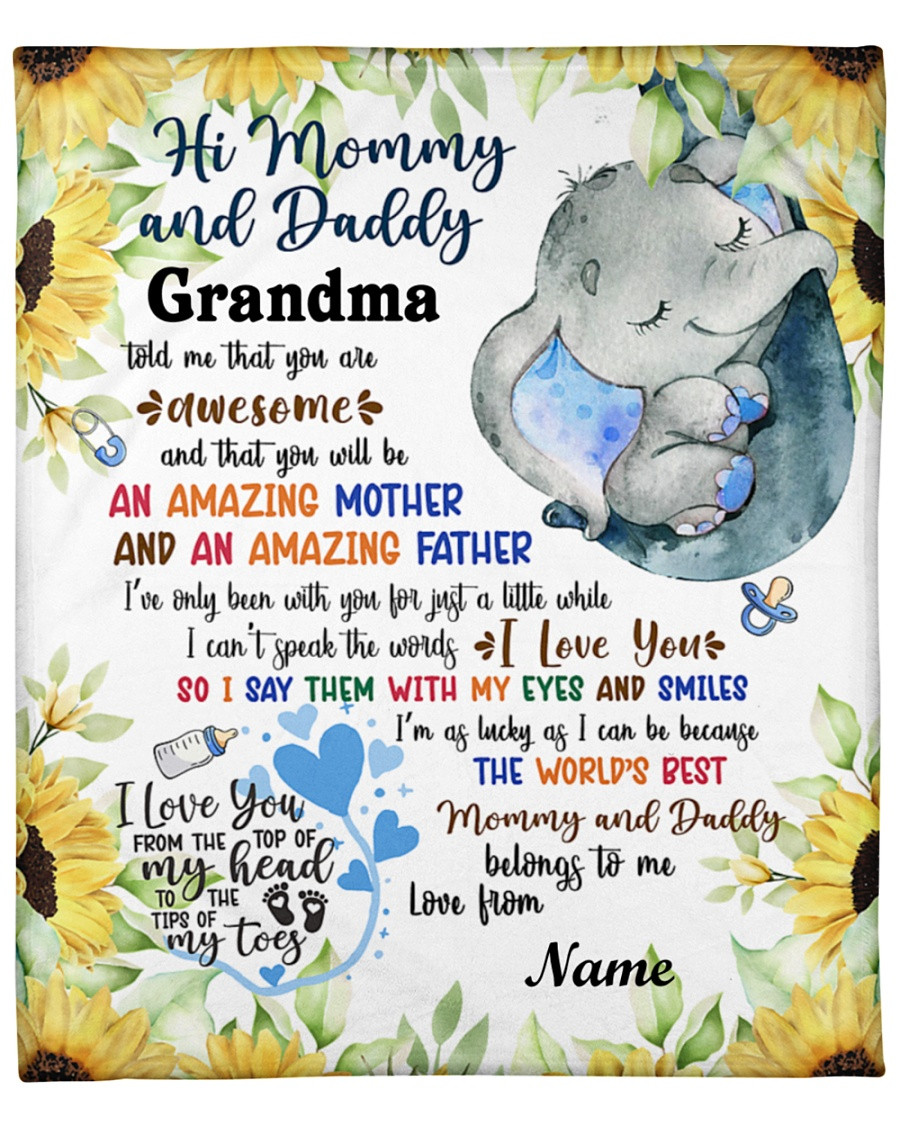 Personalized Hi Mommy And Daddy Elephant I Love You From The Top Of My Head To The Tips Of My Toes, I Love You Sherpa Fleece Blanket