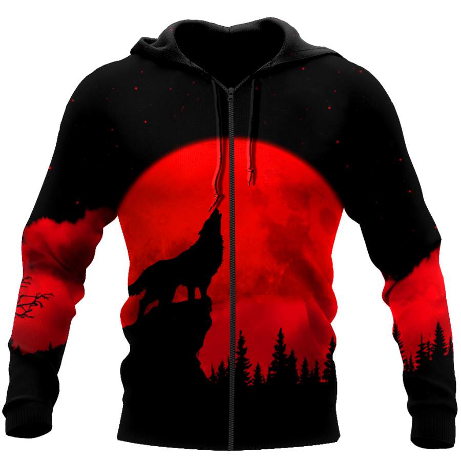 3D Wolf in Moon Over Printed Hoodie  TP