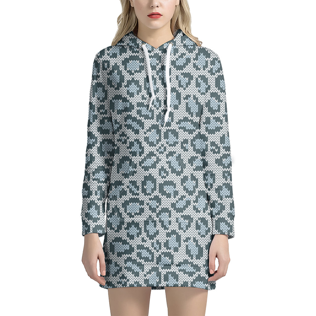 Snow Leopard Knitted Pattern Print Women’S Pullover Hoodie Dress