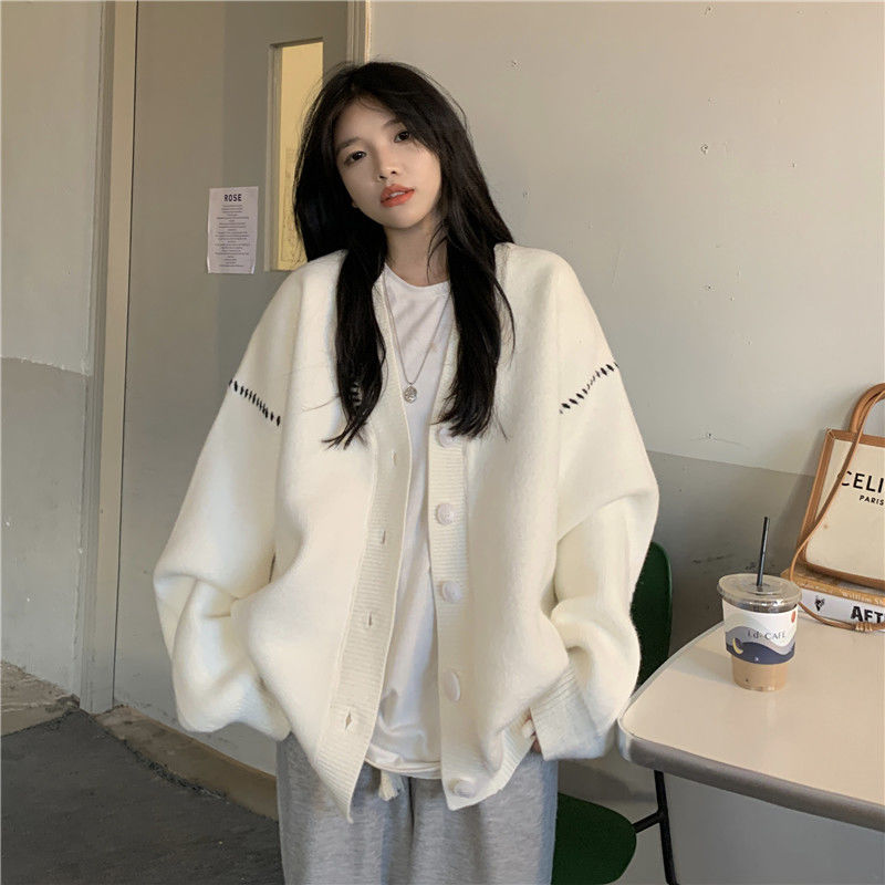 Autumn and Winter Lazy Wind Soft Waxy Sweet College Style Sweater Cardigan Female Student Korean Style Loose Wear Outer Coat alx