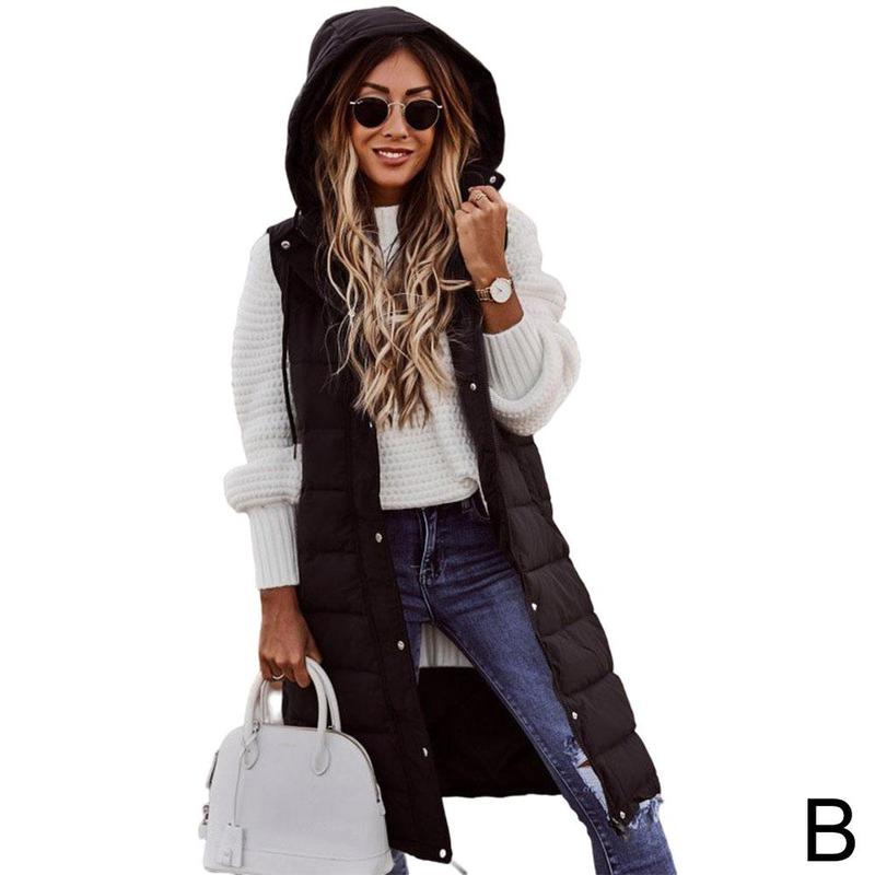 Women’s Long Winter Coat Vest Hooded Sleeveless Warm Down Coat Pockets Quilted Vest Down Jacket Female Quilted Coat Outdoor alx