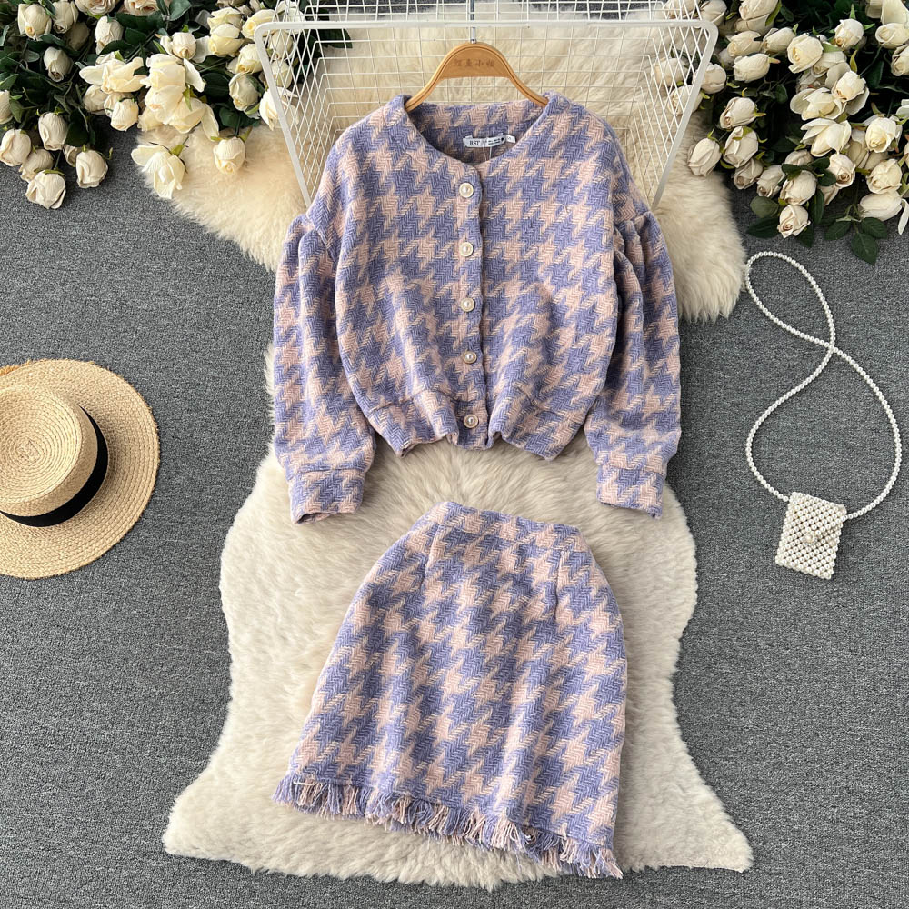 SINGREINY Loose Plaid Two Piece Knit Sets Long Sleeve Warm Carigan Tassel Elastic Waist Mini Skirt Fashion Winter Sweater Suits alx