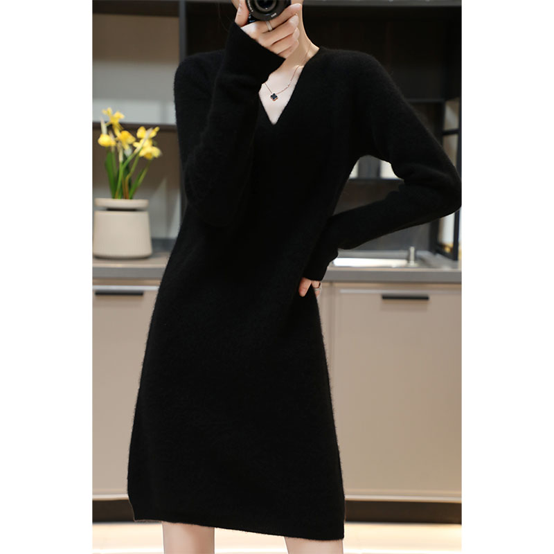 Womens Elegant Cashmere Sweater Dresses 100% Merino Wool Sexy V-Neck Casual Knitted Skirt Fall Winter Ladies Black Dress Clothes alx